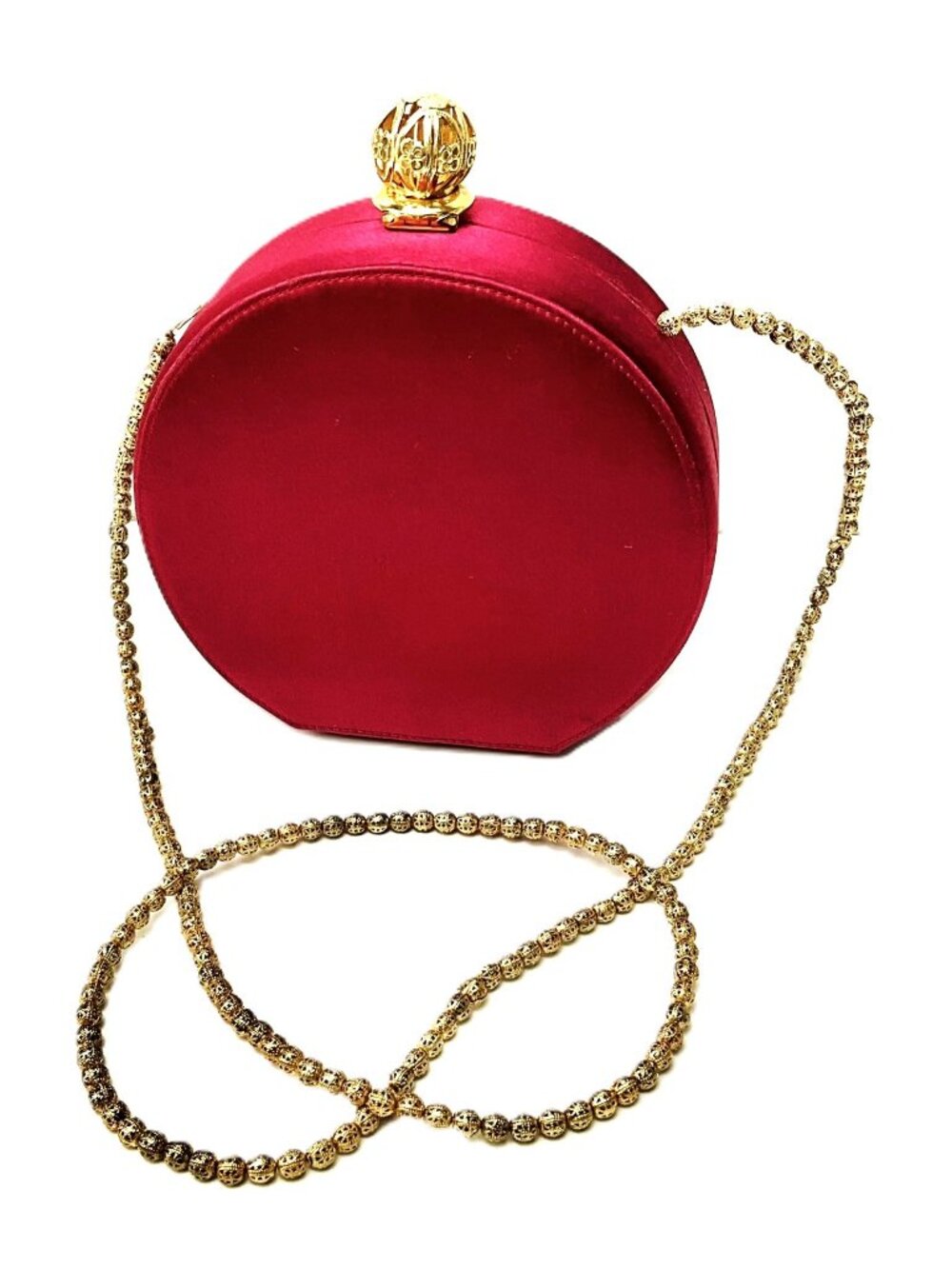 BALLY Mini Red Satin Round Clutch Gold Chain Strap Made In Italy